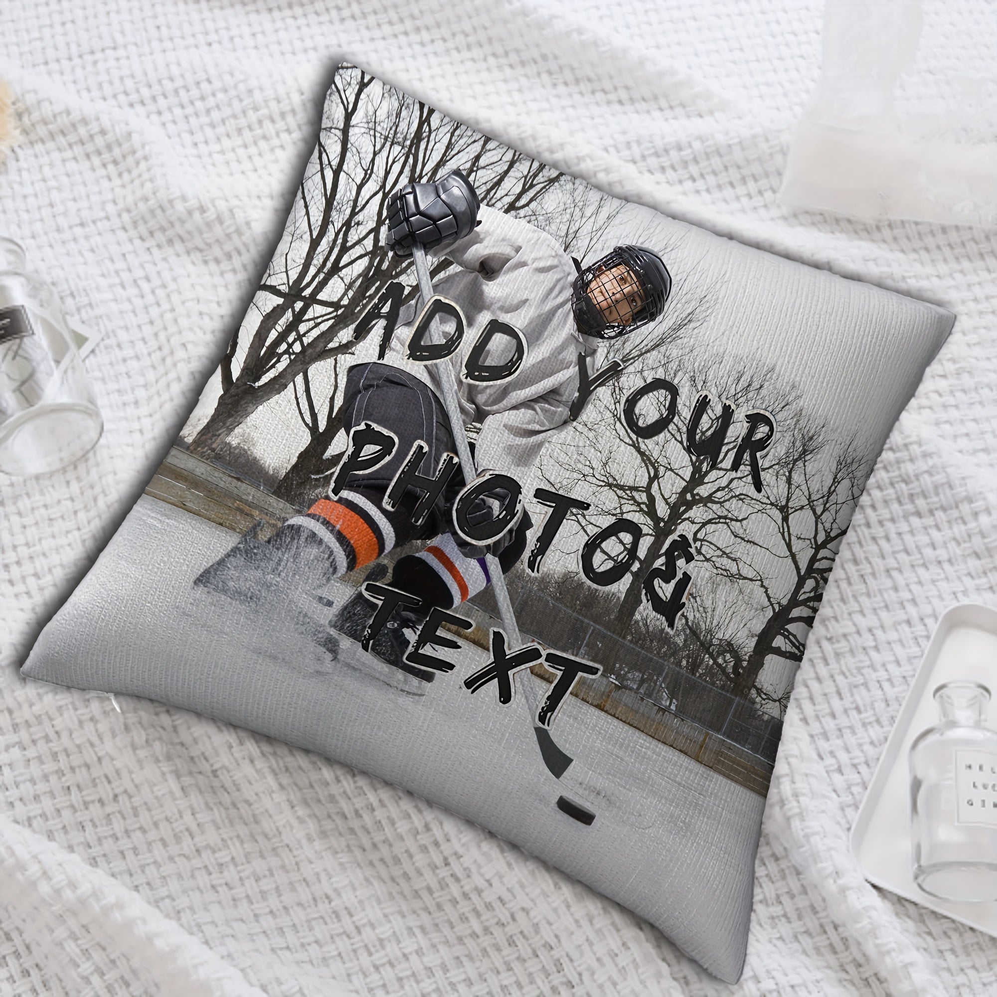 Funda de almohada personalizada con foto de jugador de hockey sobre hielo 45.72cm, suave felpa, regalo