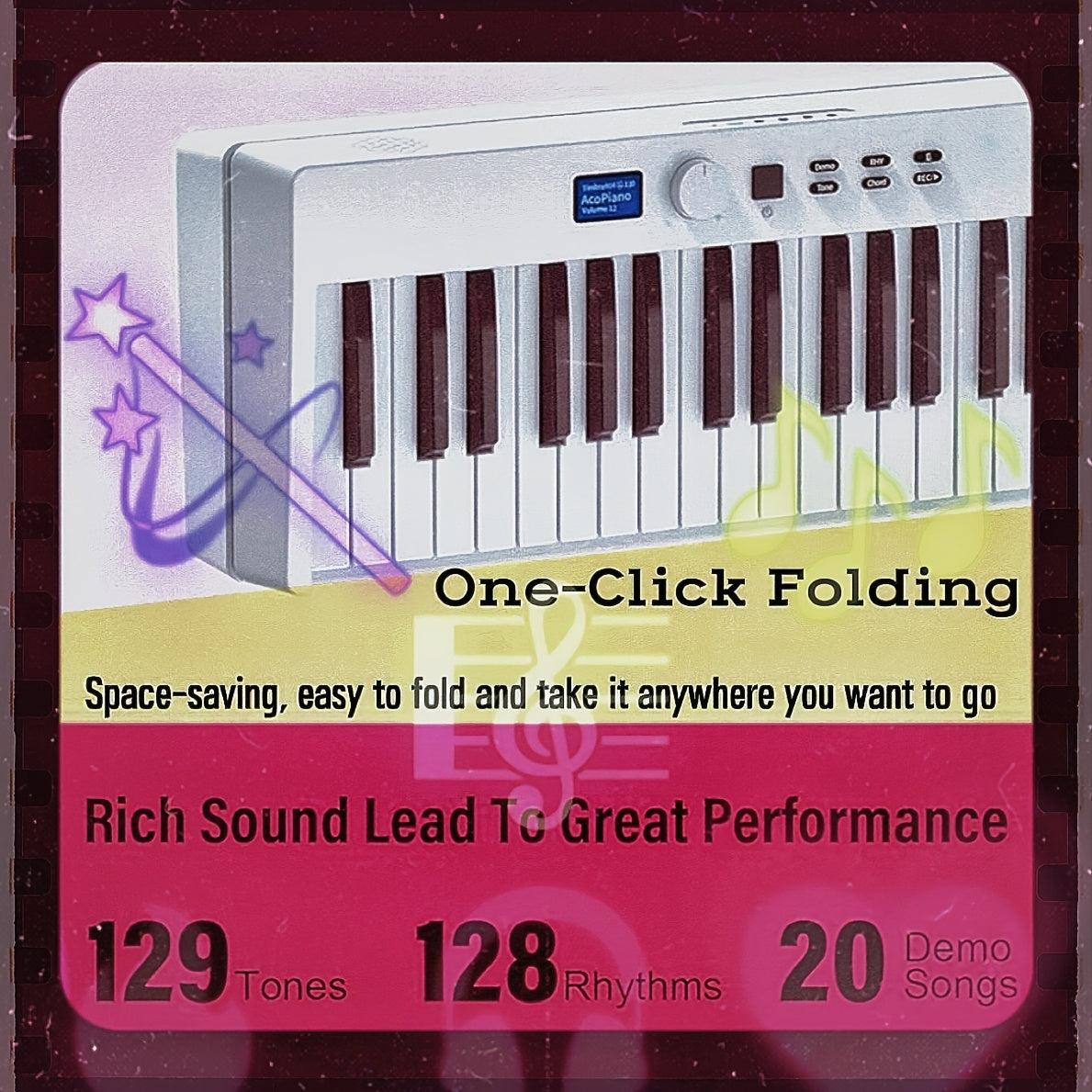 Ko‘p rangli qayta zaryadlanuvchi batareya va sumkaga ega 88 kalitli portativ yig‘iladigan raqamli pianino