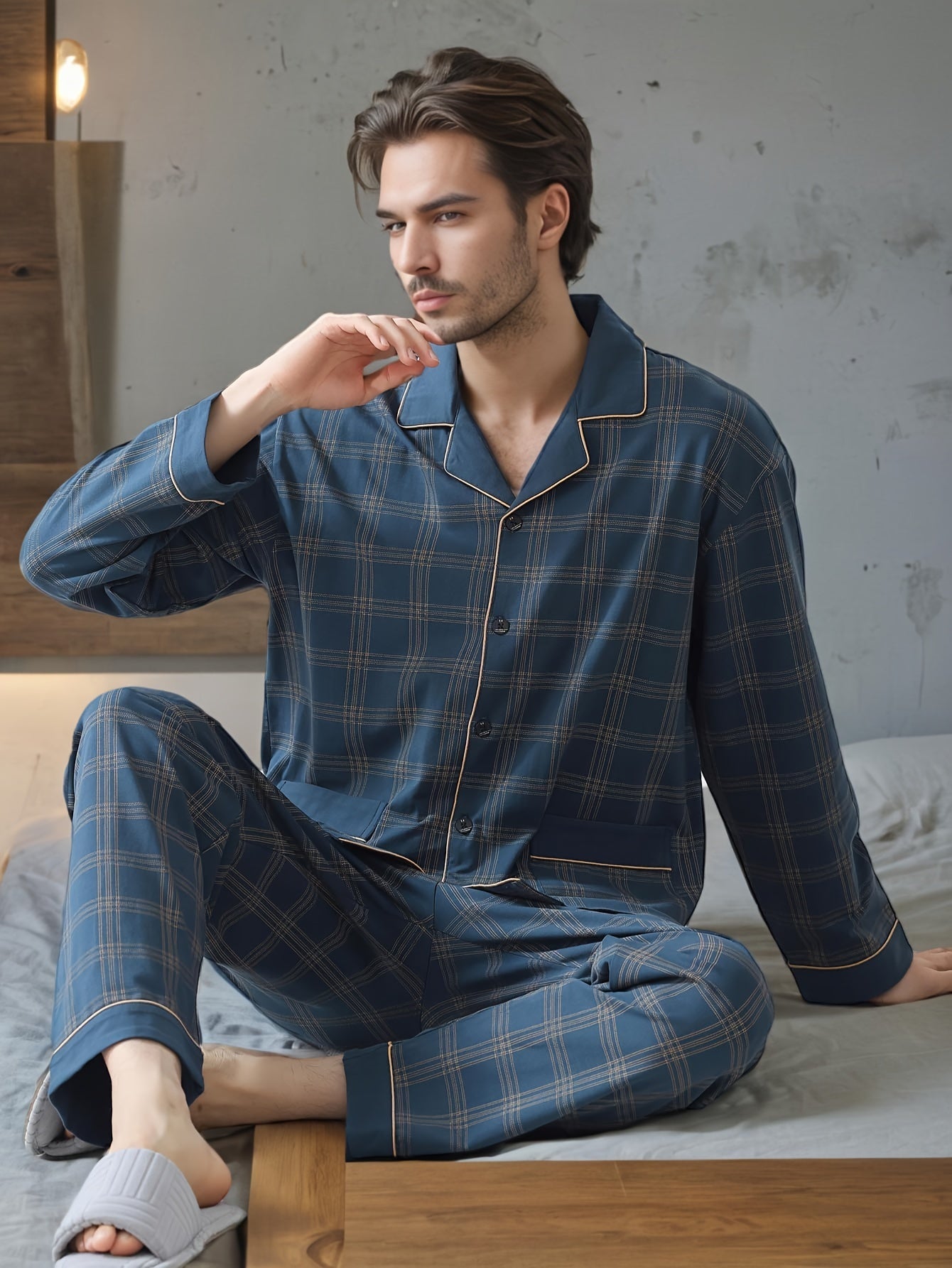 Conjunto de pijama de cuadros para hombre en primavera y otoño, con cárdigan de manga larga, ajuste holgado y estilo casual