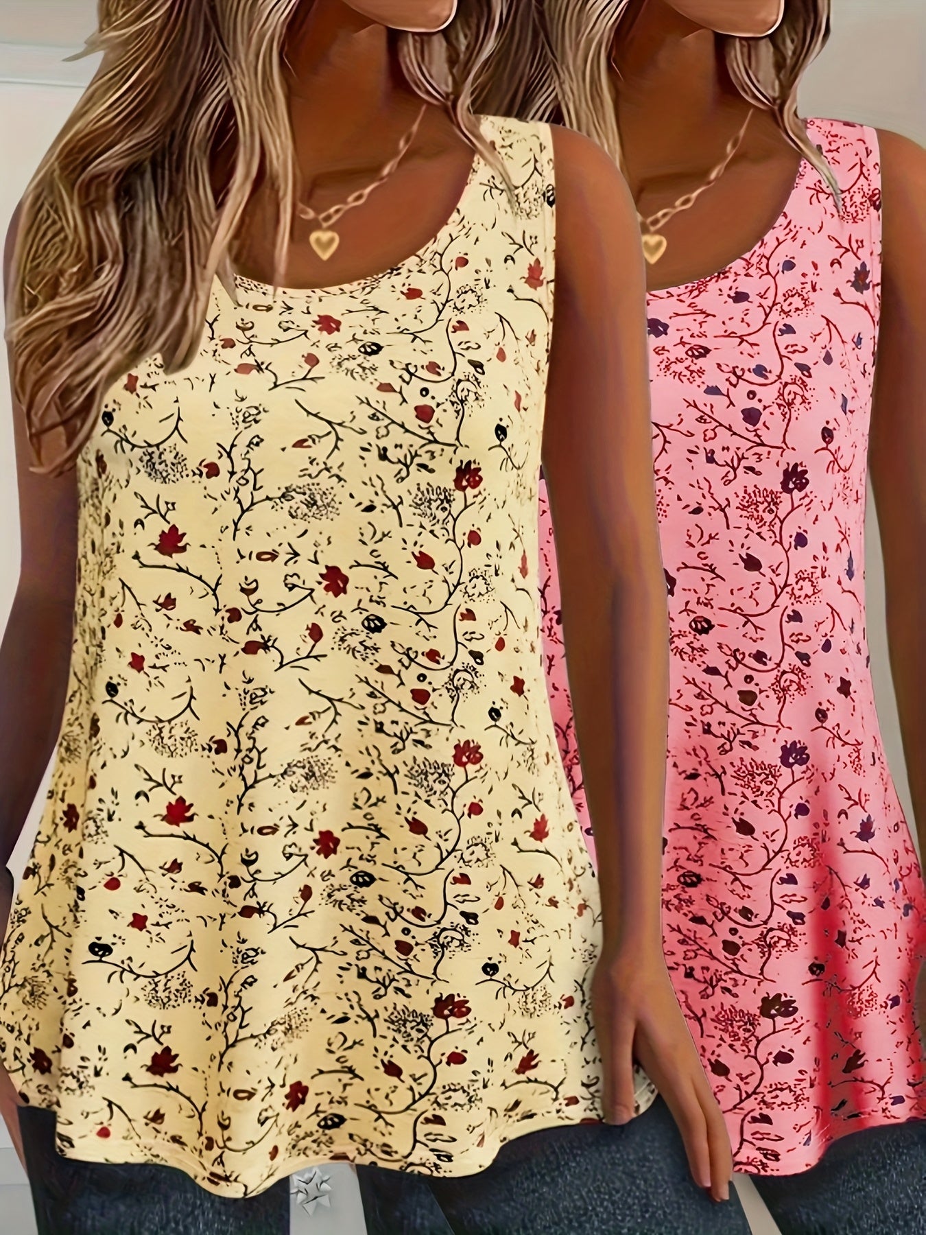 Ayollar uchun gullar bilan bosilgan tank toplar, 2 ta paket, elastik polyester yozgi yengil kurtkalar, Qizil Ko'k