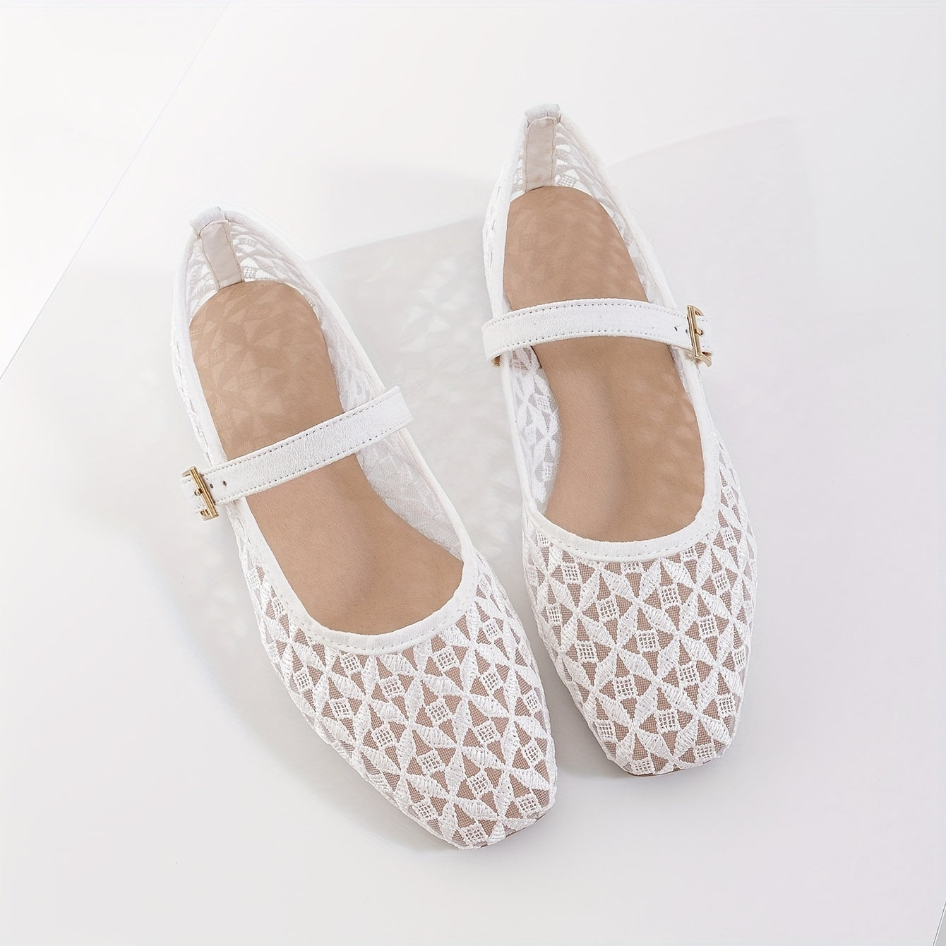 Women's Slip-On Flats with Square Toe Mesh Pattern Adjustable Buckle Casual Office Wear