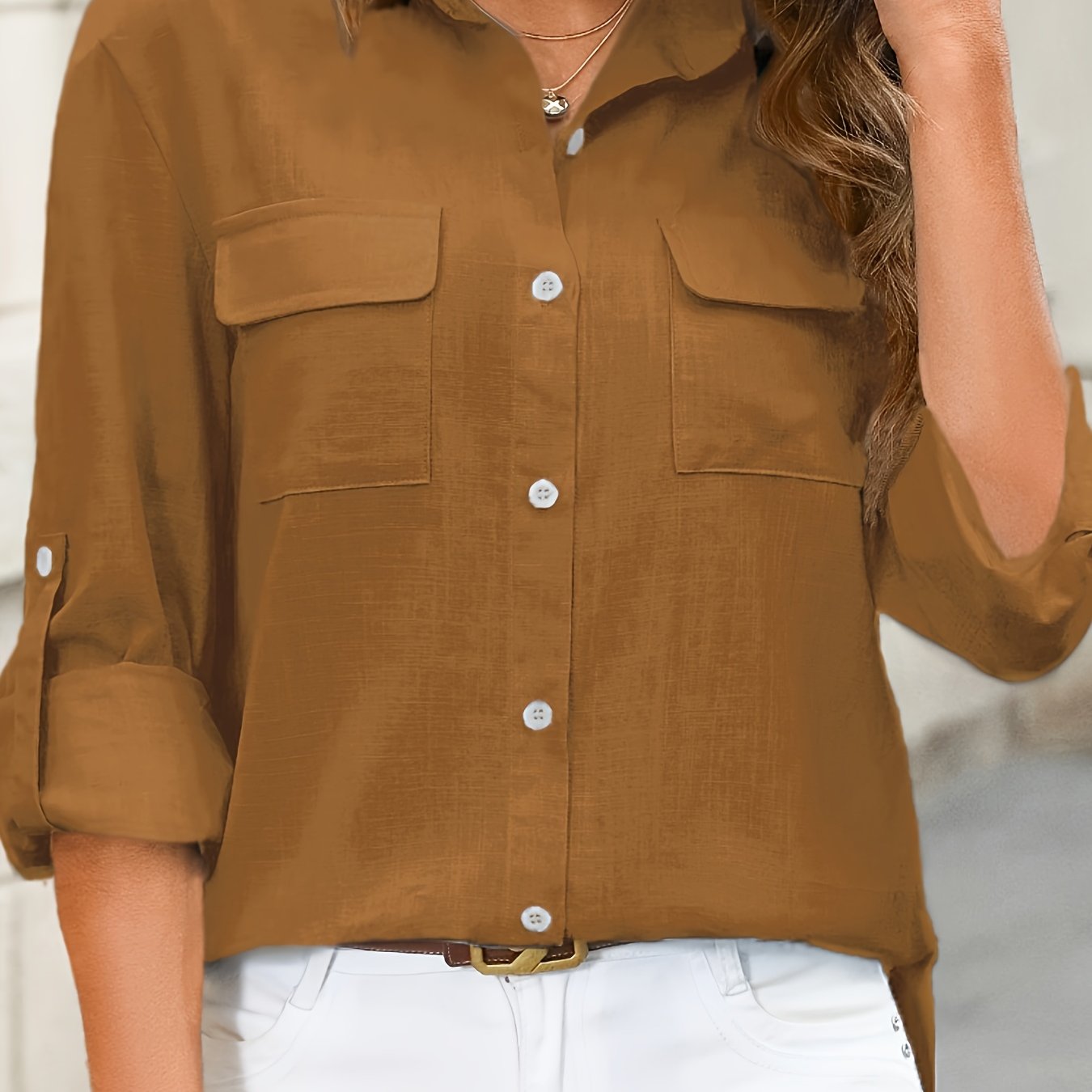 Women's Cotton Long-Sleeve Solid Color Blouse with Turn-Down Collar and Flap Pockets