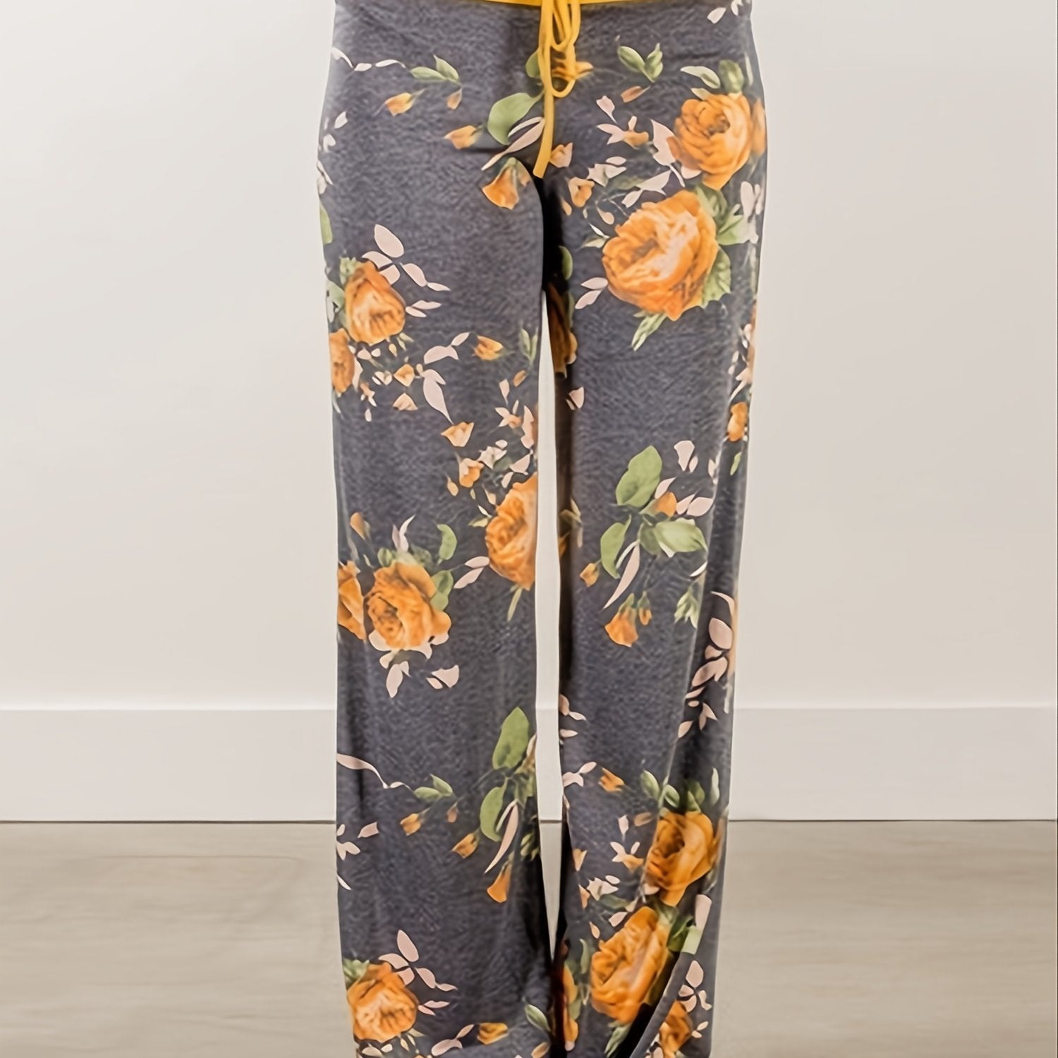 Women's Plus Size Floral Print Wide Leg Lounge Pants with Drawstring