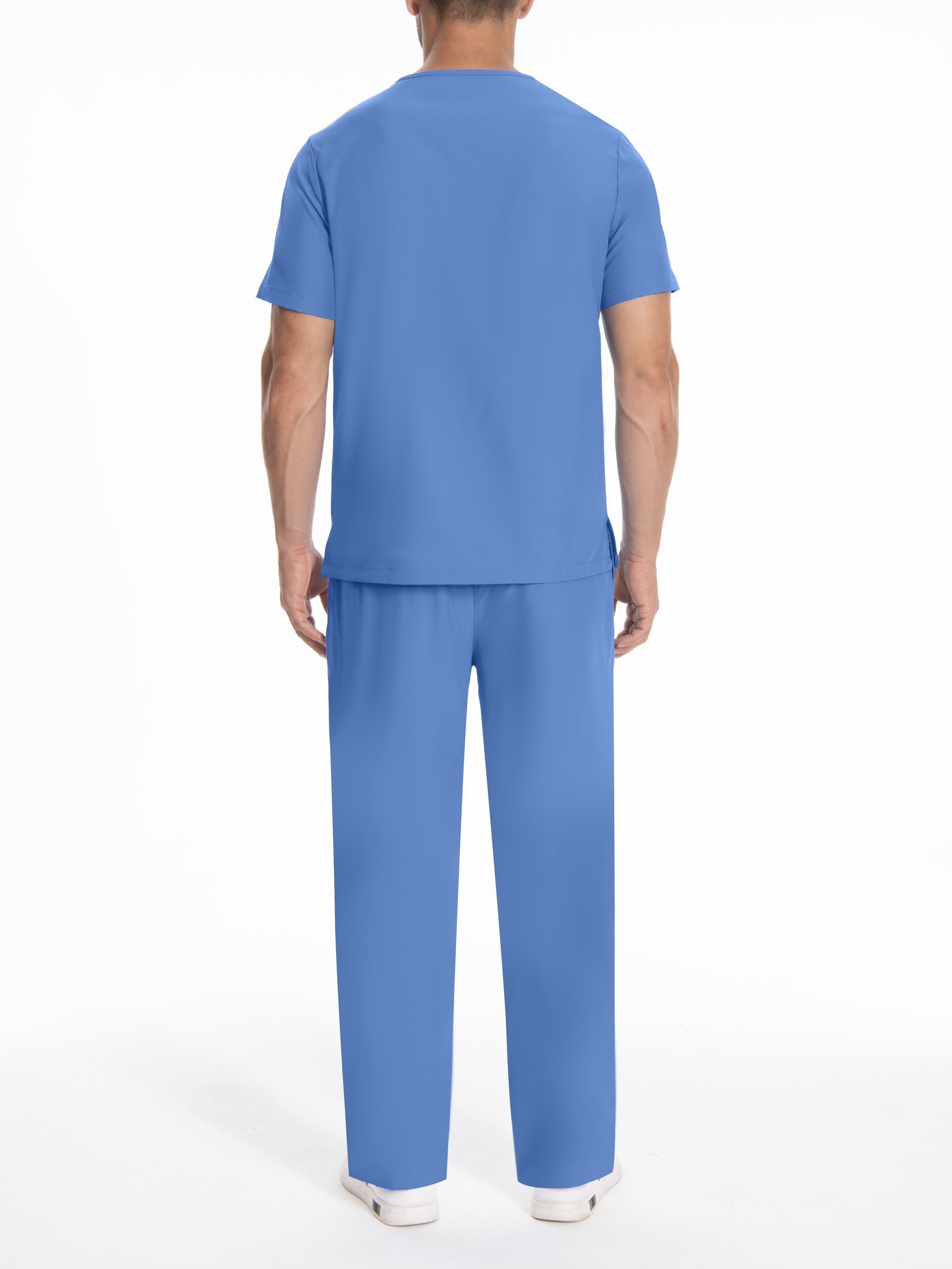 Men's Short Sleeve Uniform Set Polyester V-Neck Scrubs with Pockets in Solid Color
