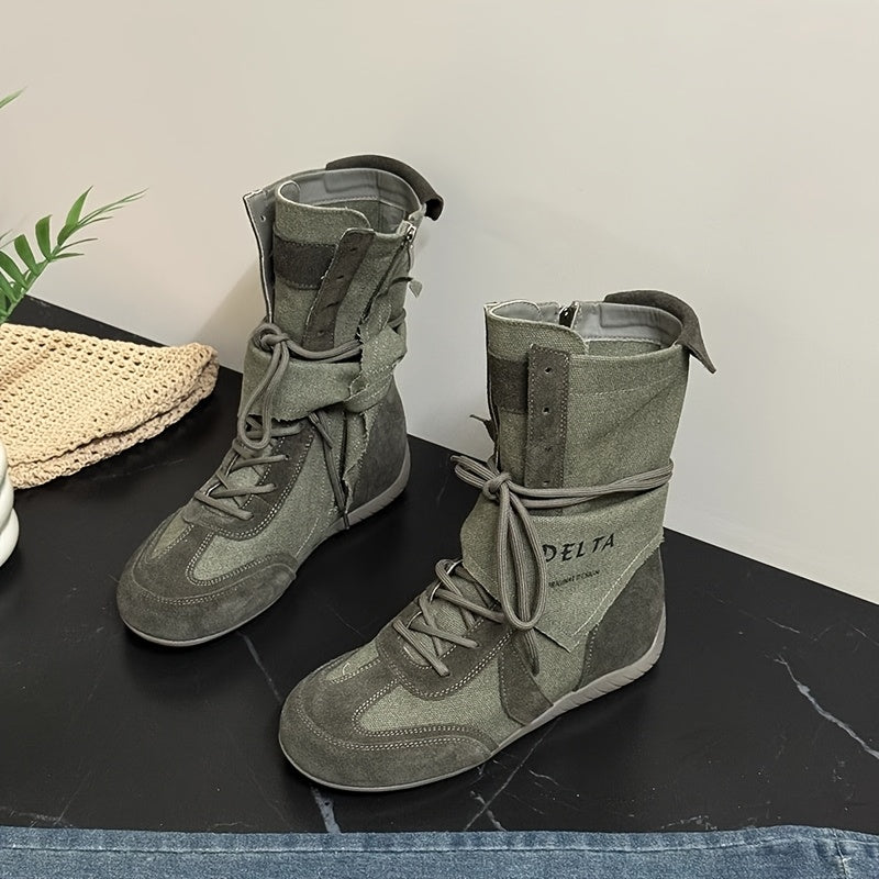 Женские полусапоги до середины икры из мягкой ткани и кожи для прогулок на улице, осенняя обувь