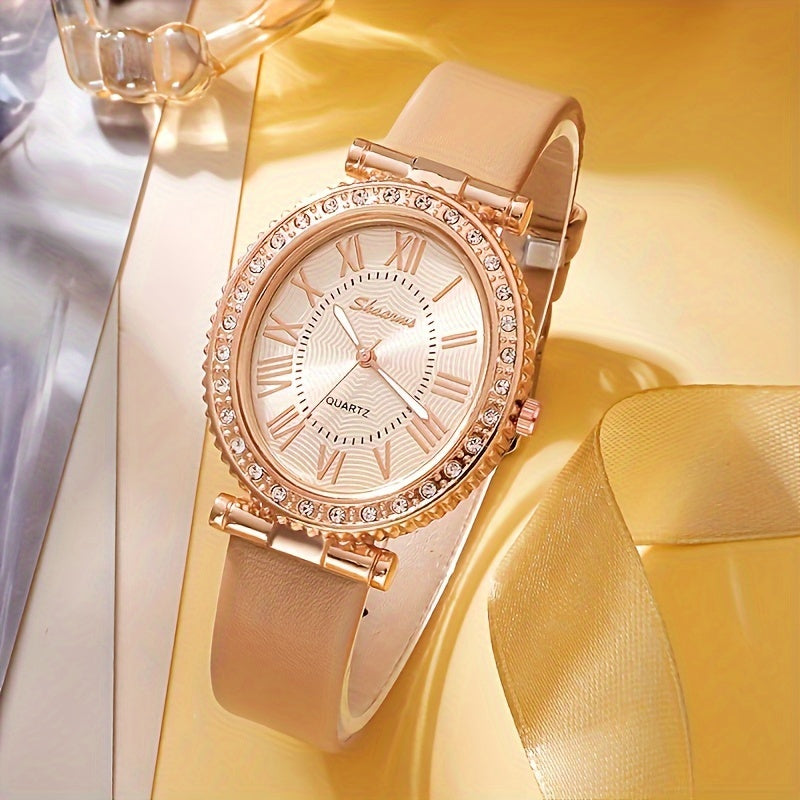 Women's Watch Set with Rhinestones, Oval Case, PU Leather Strap, Elegant Gift