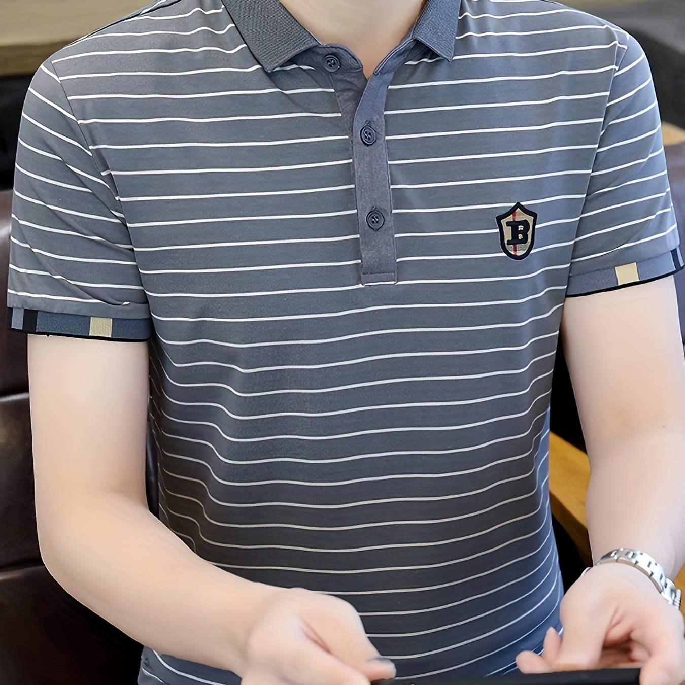 Men's Striped Cotton Golf Shirt Short Sleeve Embroidered Print Casual Lapel Summer Outdoor