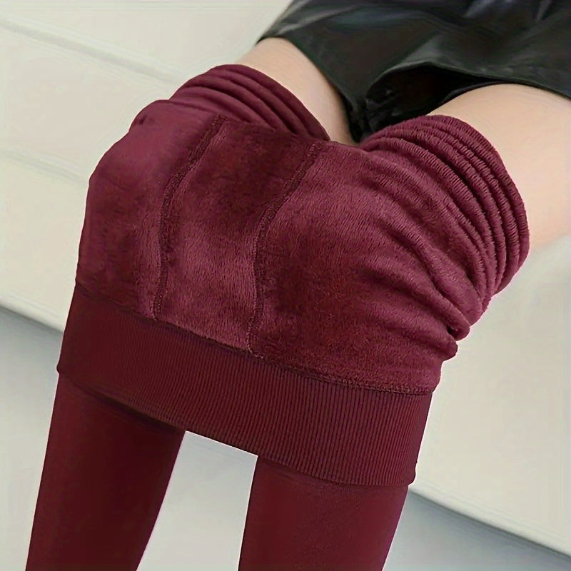 Leggings de terciopelo de perlas con forro de felpa para mujer, de color sólido, con tela de punto elástico y cálido