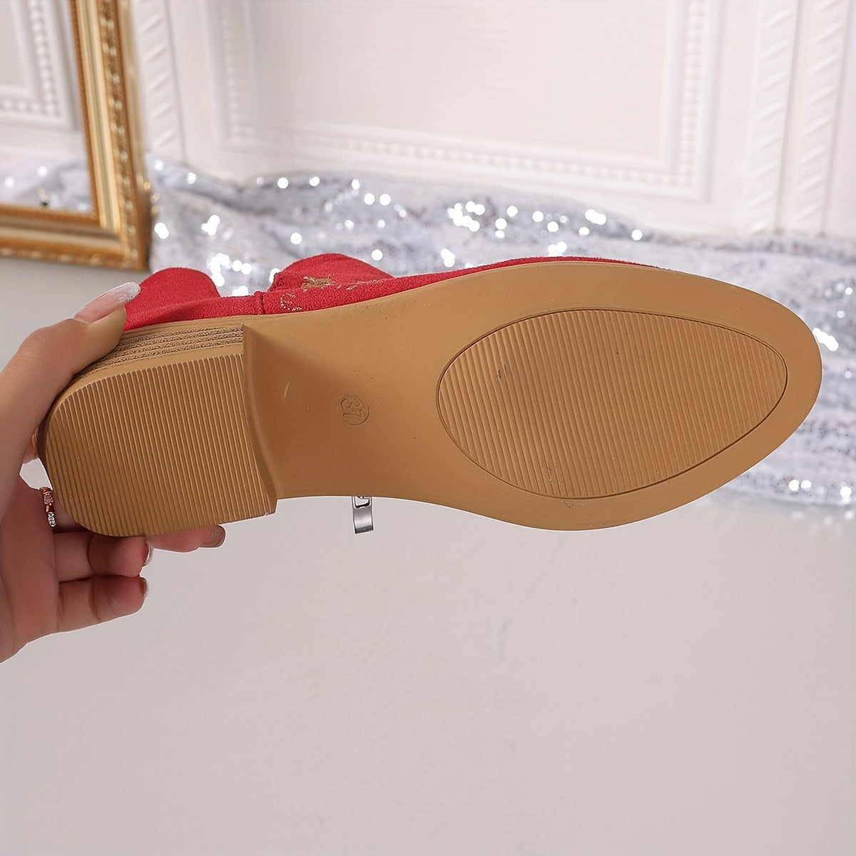 Women Embroidered Fabric Ankle Booties Round Toe Zip Mid-Heel French Heels