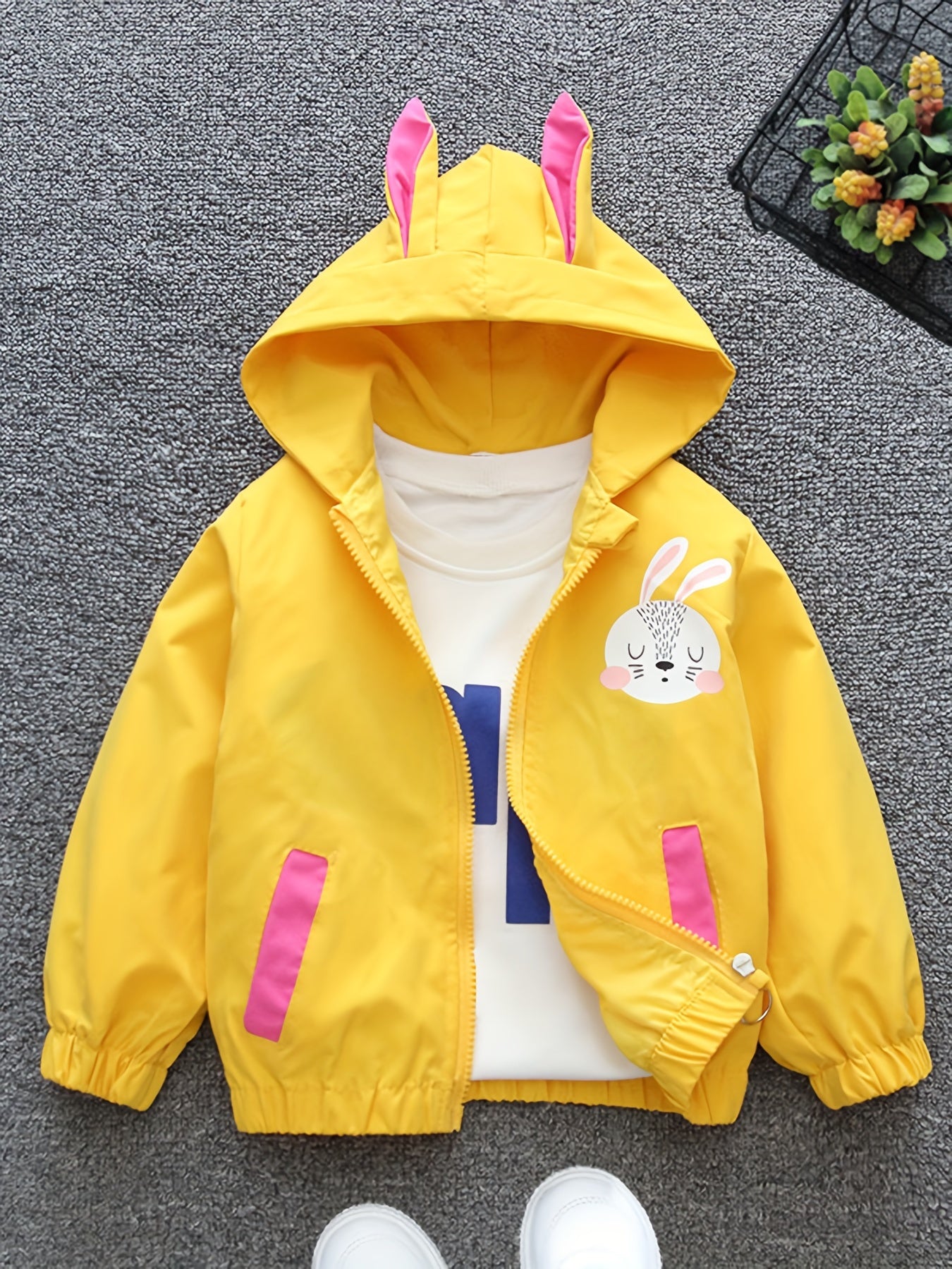 Girls' Hooded Coat with Rabbit and Flower Design for Spring and Fall Outdoor Activities
