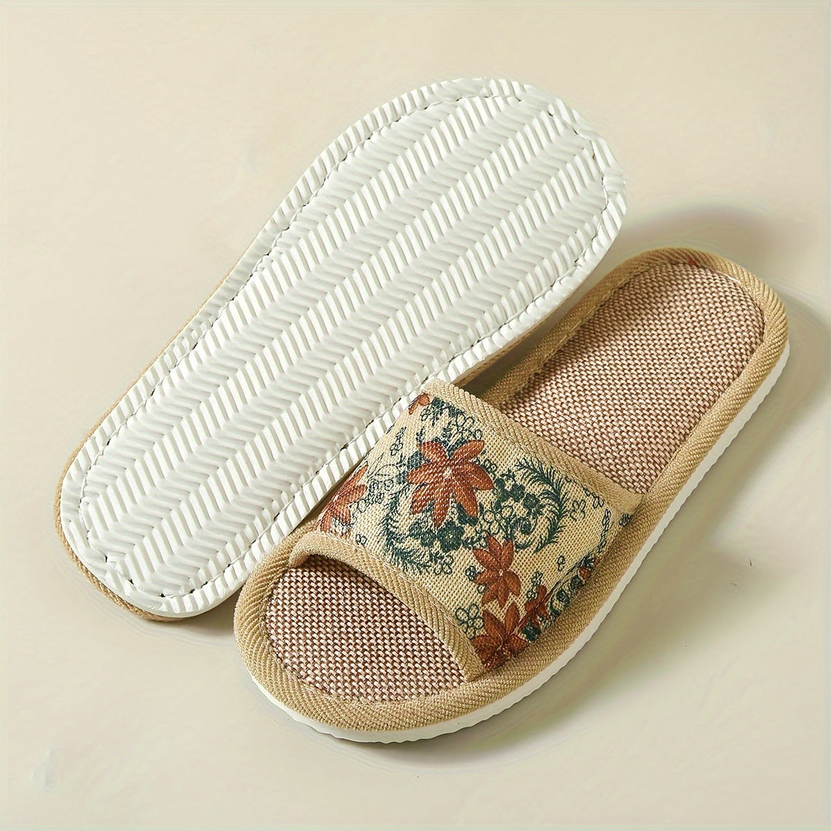Women's Floral Linen Slippers with Non-slip Sole for Indoor Home Use