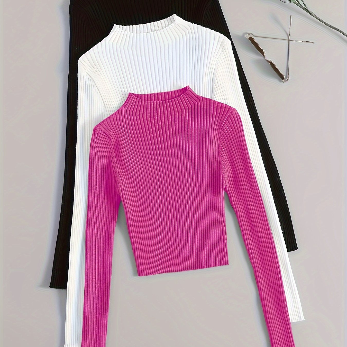 Camisetas de punto de canalé de color sólido para mujer, pack de 3, cuello alto, otoño e invierno, ajuste ajustado, suéteres casuales