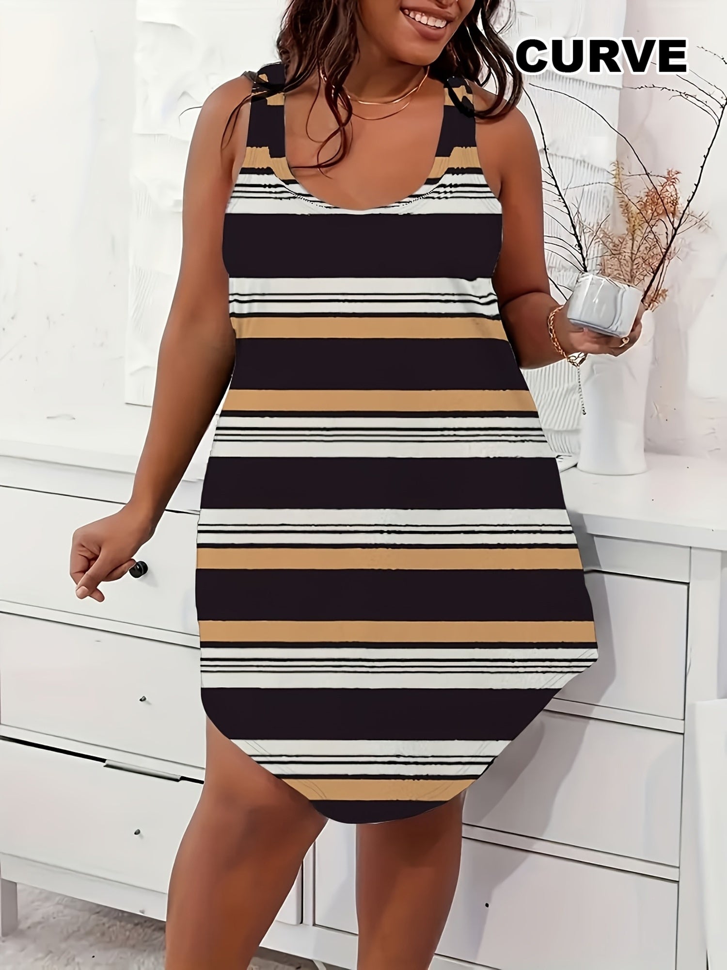 Plus Size Sleeveless Tank Dress Casual Summer Striped Pattern Black White Brown