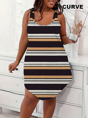 Plus Size Sleeveless Tank Dress Casual Summer Striped Pattern Black White Brown