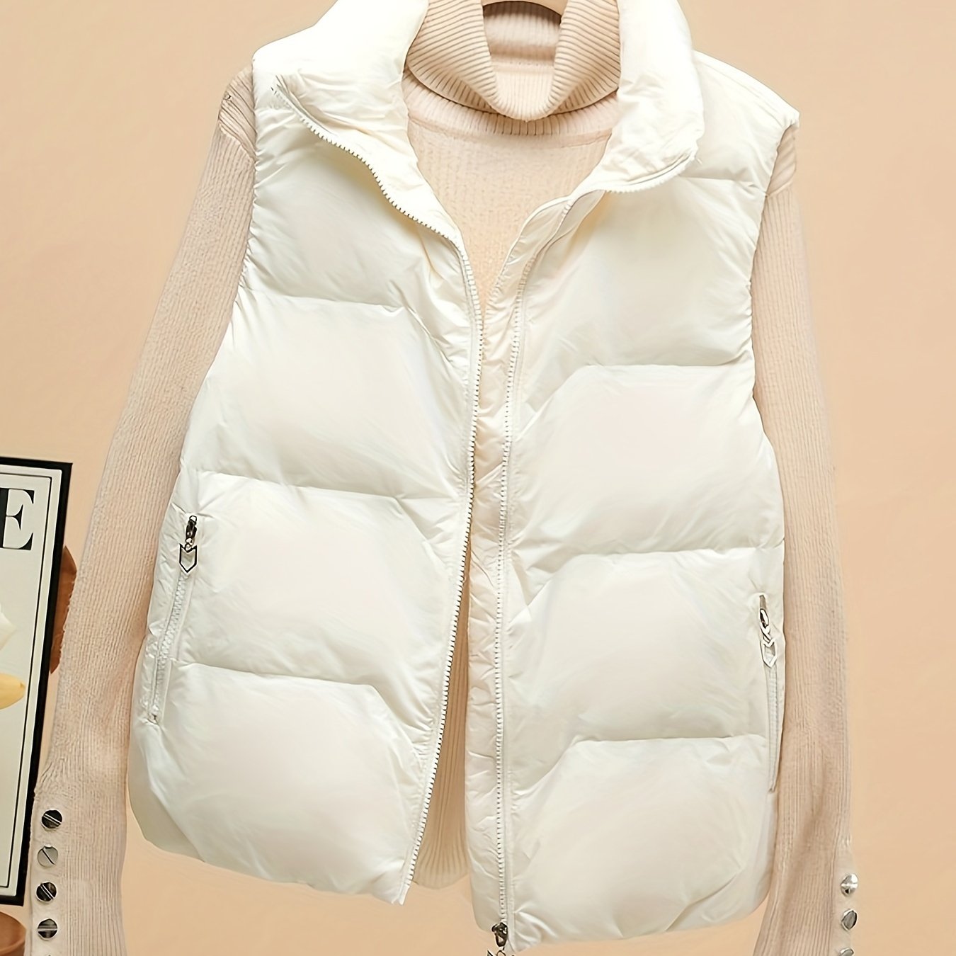 Women's Sleeveless Beige Puffer Vest with Side Pockets and Zipper for Fall Winter