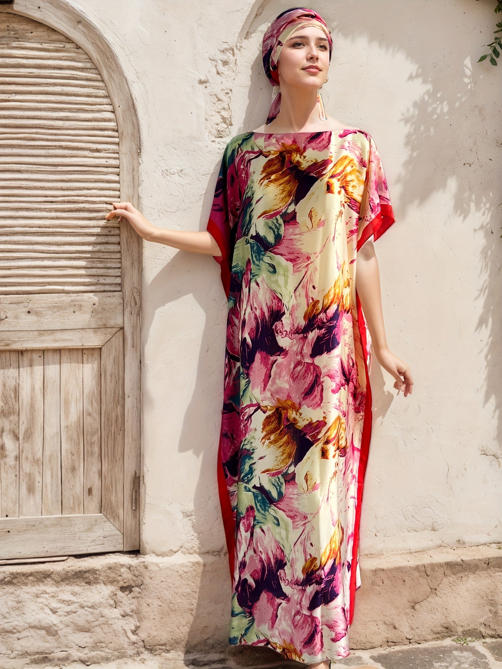 Plus Size Floral Print Maxi Dress with Scarf for Women Pink White Batwing