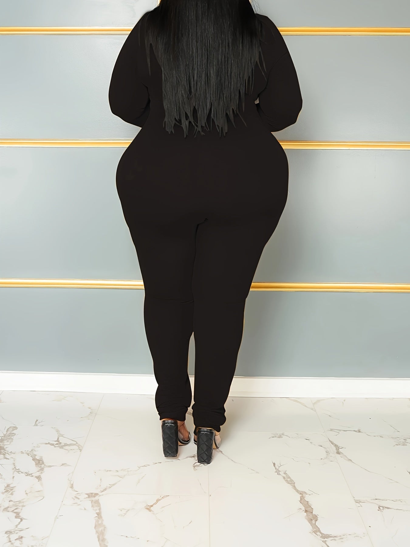 Plus Size Women's Casual Long Sleeve Skinny Jumpsuit in Solid Colors