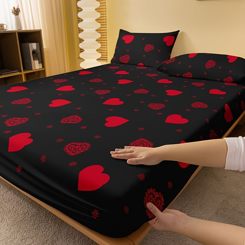 Red Love Print Fitted Sheet 1pc Brushed Bedding Mattress Protector with Deep Pocket