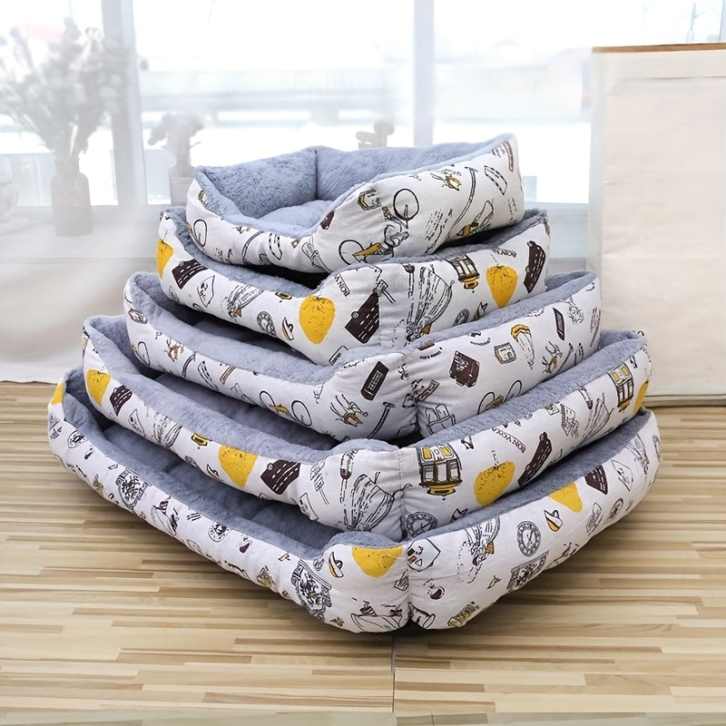 Light Blue Dog Bed with Newspaper Print Border for Small to Large Dogs All-Season Warmth and Comfort