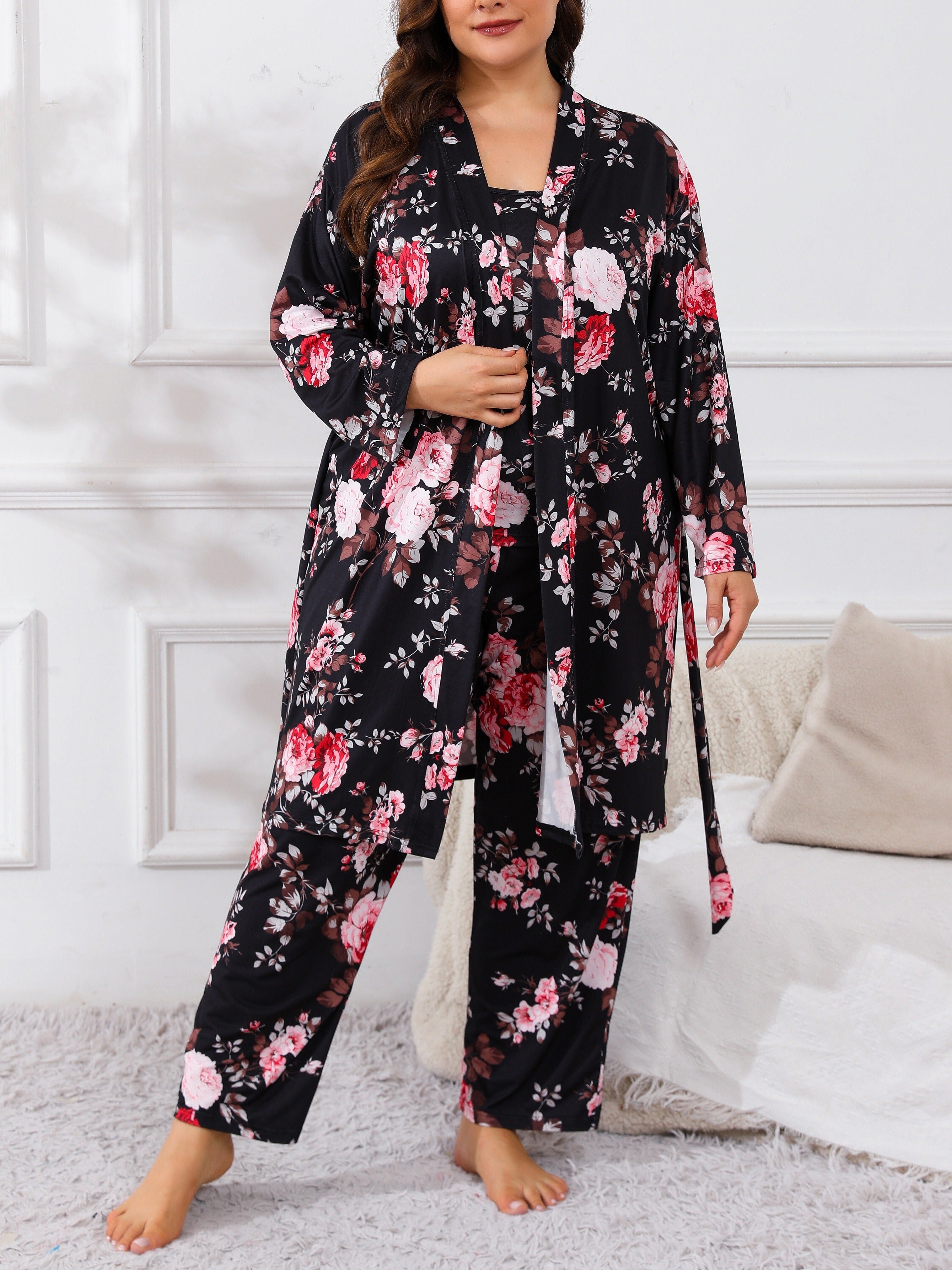 Plus Size Floral Print Pajama Set for Women Long Sleeve Lounge Robe Camisole and Pants Fall Winter Knit Polyester Blend