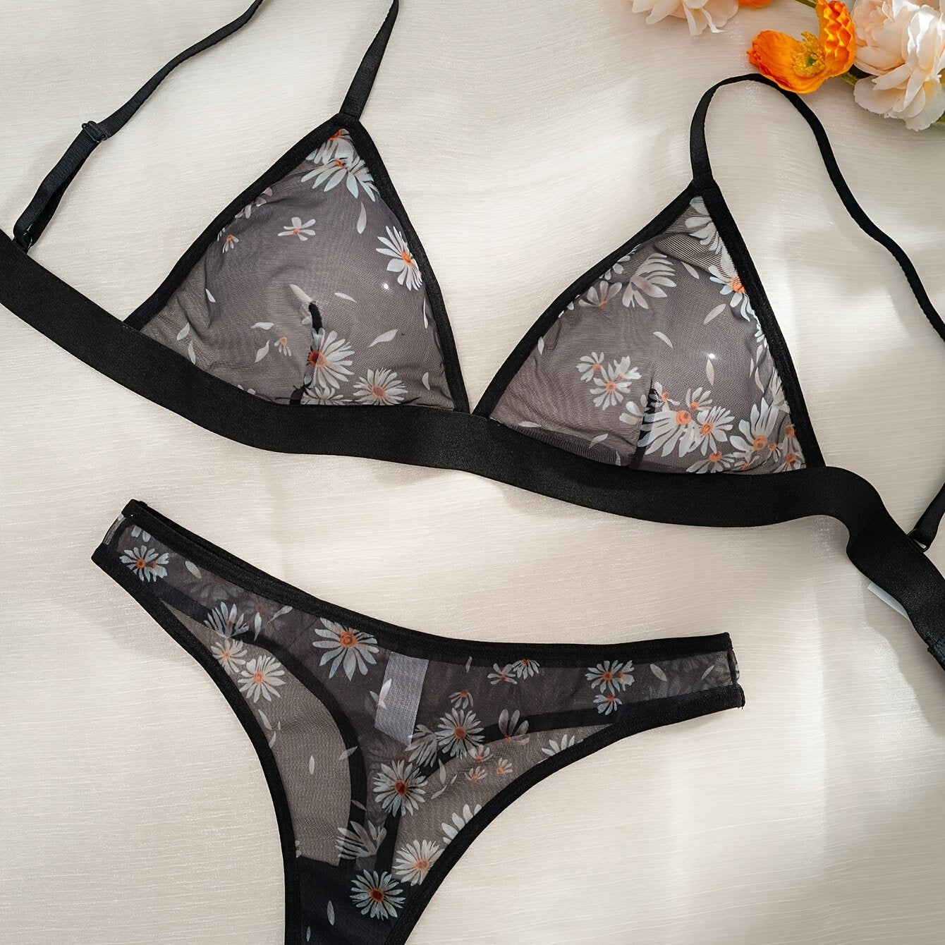 Mesh Printed Triangle Cup Lingerie Thong Set 2 Piece