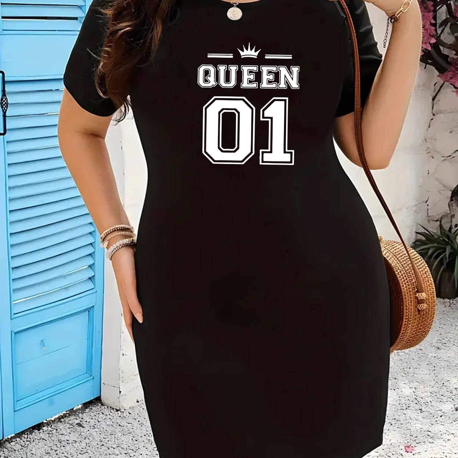 Plus Size Women's Short Sleeve T-Shirt Dress Polyester Knit Bodycon Alphabet Print
