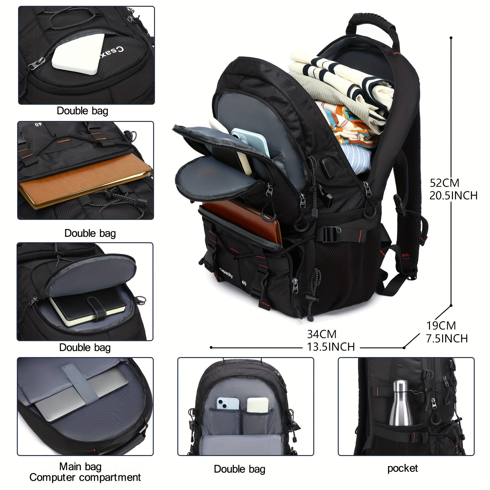 40L Hiking Backpack with Laptop Compartment USB Powered Adjustable Straps for Men and Women