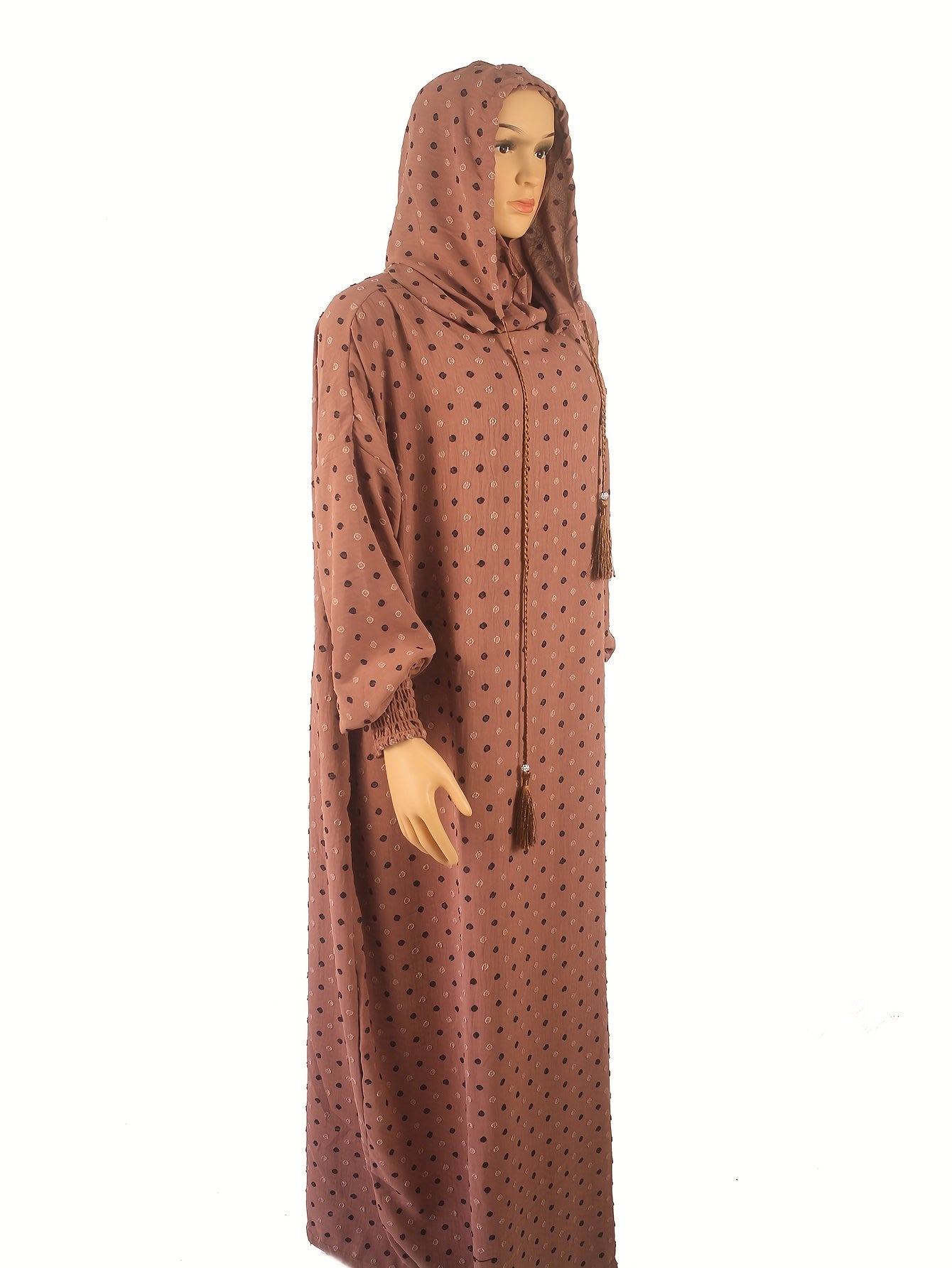 Plus Size Abaya Dress Polka Dot Hood Lantern Sleeves Long Turkish Robe