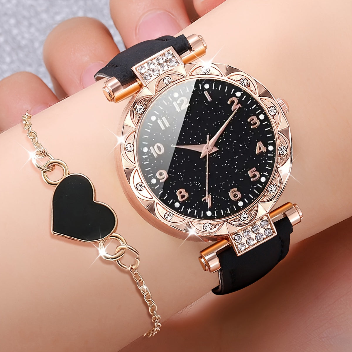 Набор из 2 женских кварцевых часов из искусственной кожи с браслетами в форме сердца для подарка