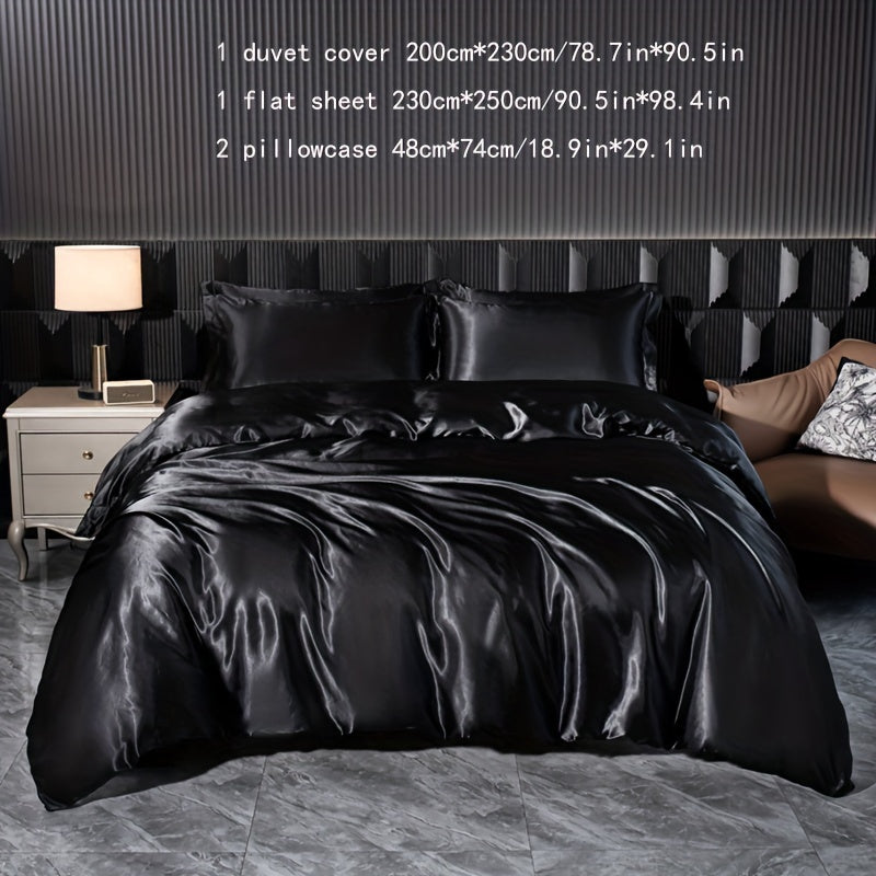 Luxurious Satin Bedding Set 4-Piece Zipper Closure Solid Color for Home Guest Hotel