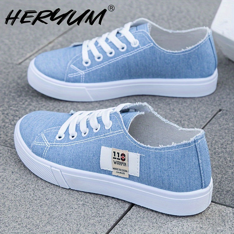 Women's Canvas Lace-Up Sneakers Spring Casual Flat Shoes Black White Blue Denim