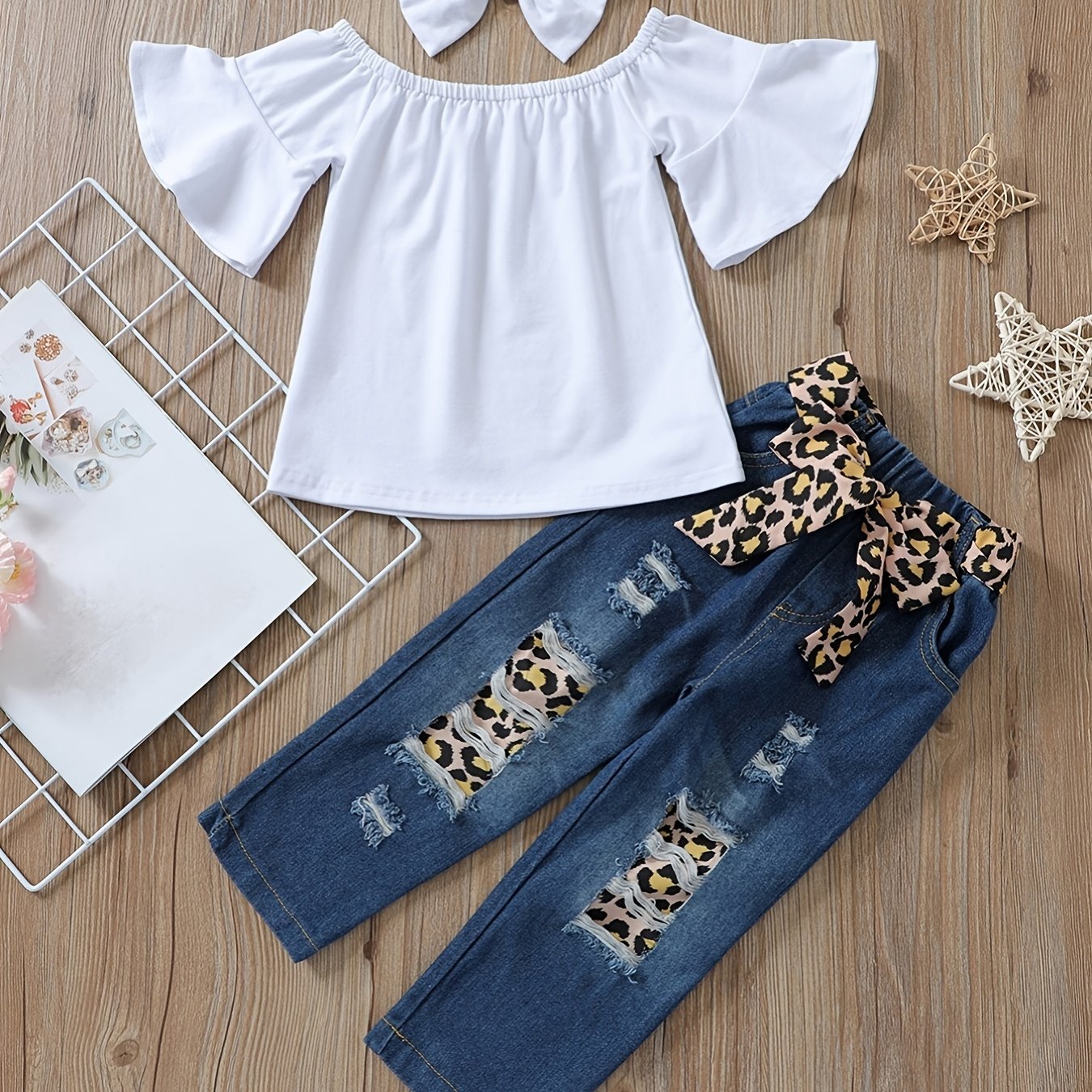 Toddler Girls Clothing Set Off-Shoulder Top Jeans Leopard Belt Headband Spring Fall Casual