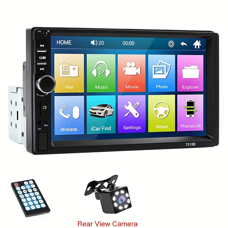 Radio de coche con pantalla táctil de 7 pulgadas, multimedia inalámbrico, FM, Aux, USB, MirrorLink, cámara trasera, control en el volante