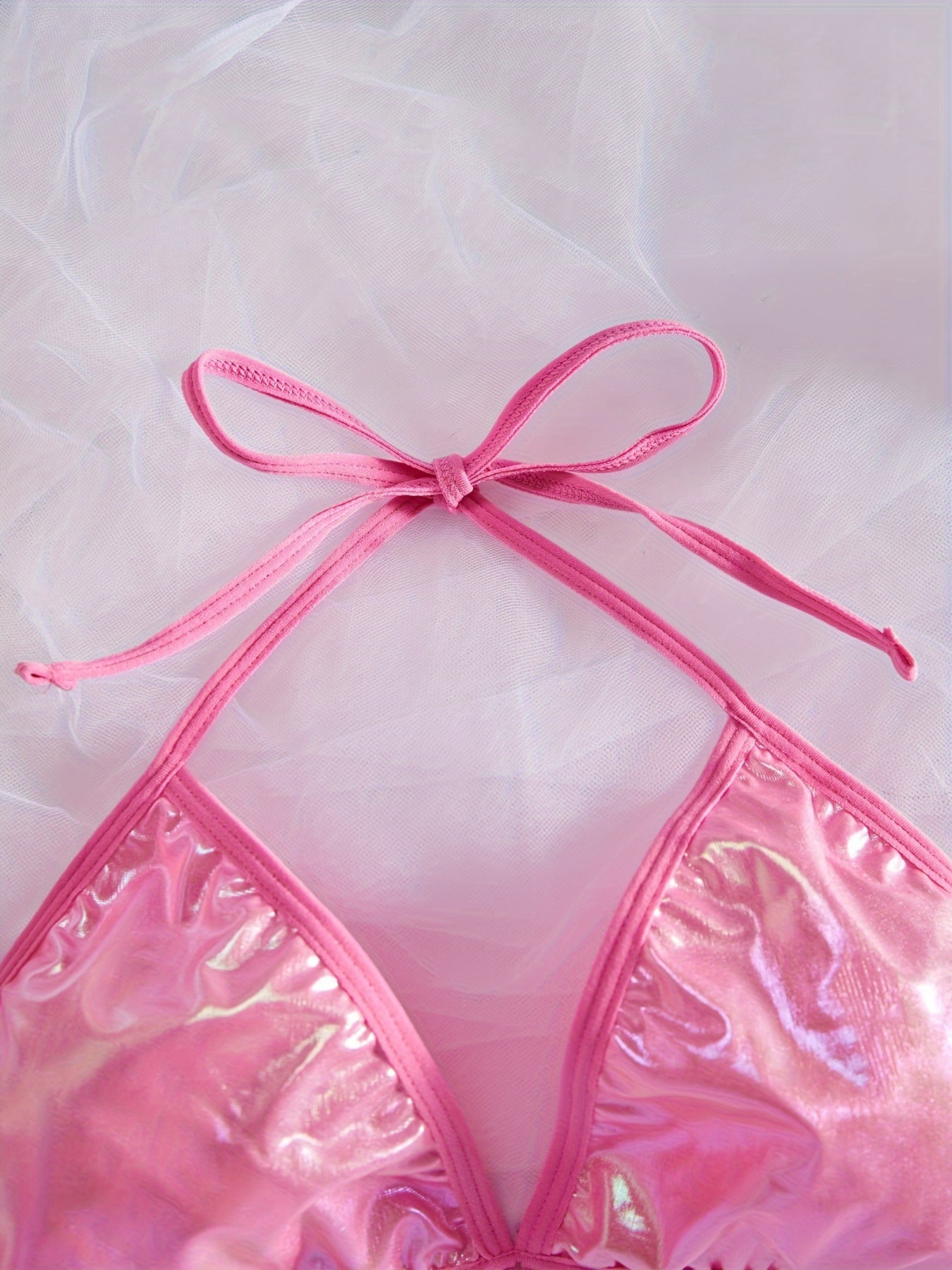 Women’s Metallic Halter Neck Lingerie Set with Backless Bra and Tie Side Thong