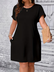 Plus Size Solid Loose Dress Casual Short Sleeve Spring Summer Women