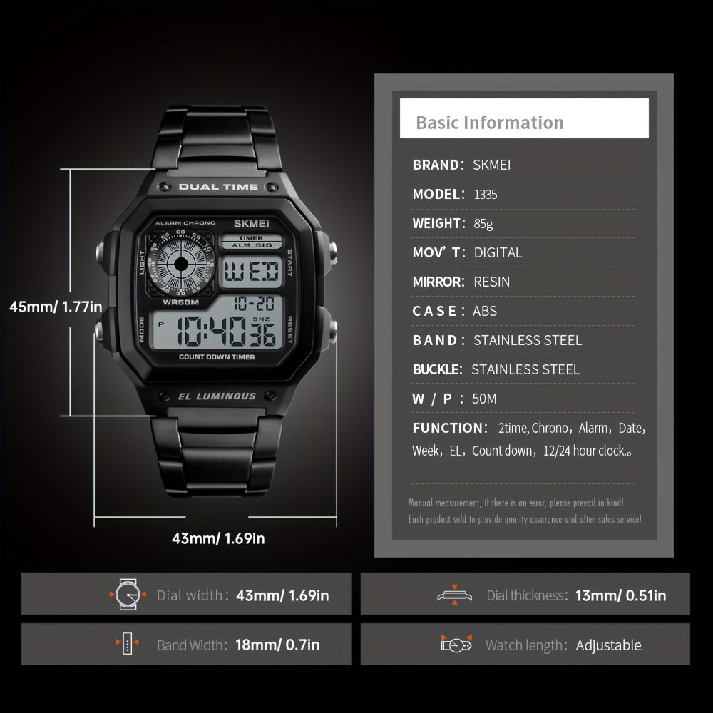 Men's Square Electronic Watch with Luminous Display and Durable Strap