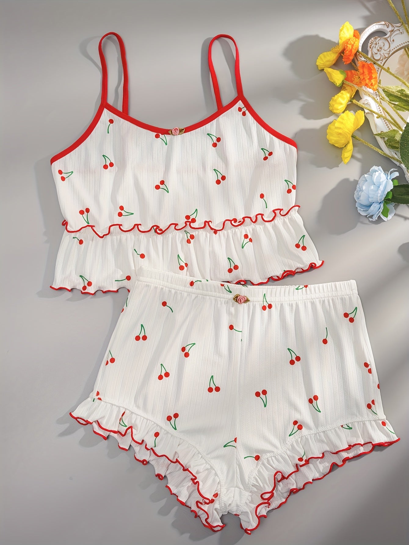 Women’s Cherry Print Pajama Set with Ruffle Shorts and Crew Neck Top