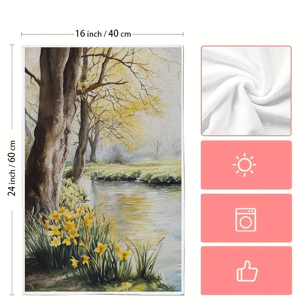 Set of 2 Spring Morning Kitchen Towels Yellow Trees Daffodils Absorbent