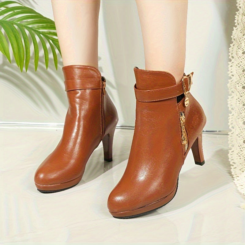 Women's Leather High Heel Platform Ankle Boots Classic Black