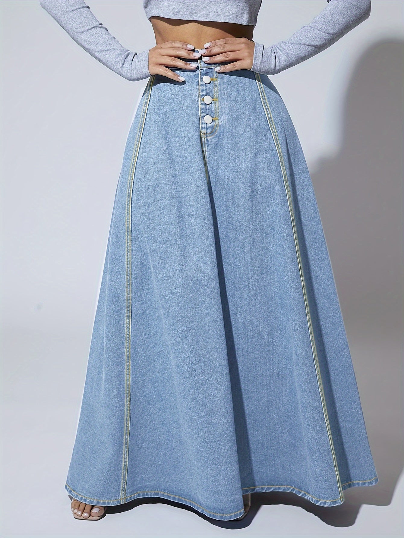 Women's High-Rise Washed Blue Denim Flared Skirt for Tall Individuals