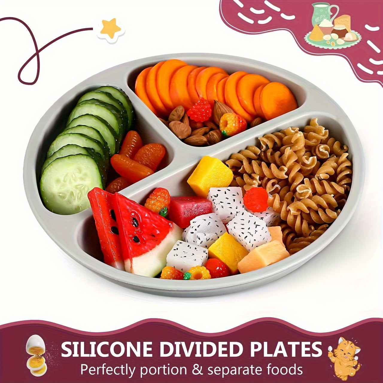 Kids Silicone Suction Plates with Spoon BPA-Free Non-Slip Divided Microwave Dishwasher Safe