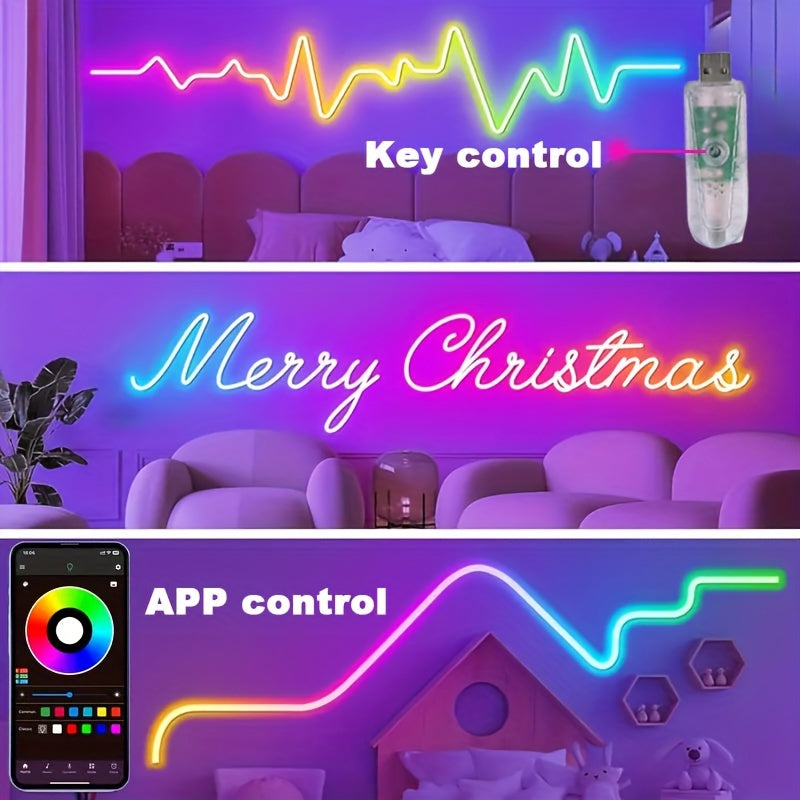 AMill RGB Neon LED chiroq lentalari, ilova va kalit boshqaruvi bilan, musiqa sinxronizatsiyasi, bir nechta rejimlar - batareya talab qilinmaydi, 3 o'lcham mavjud