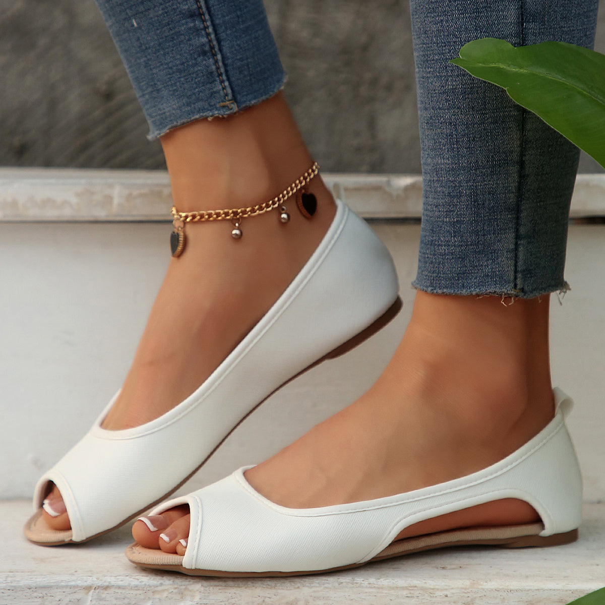 Women’s White Cross Pattern PU Slip-On Flats Open-Toe Casual Shoes