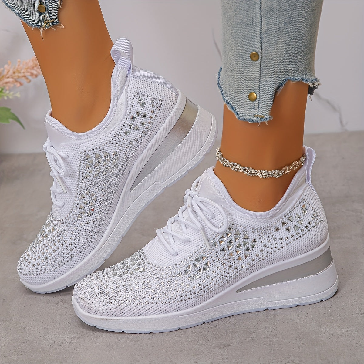 Women's Rhinestone Sneakers Black Casual Low-Top Lace-Up Comfort Footwear