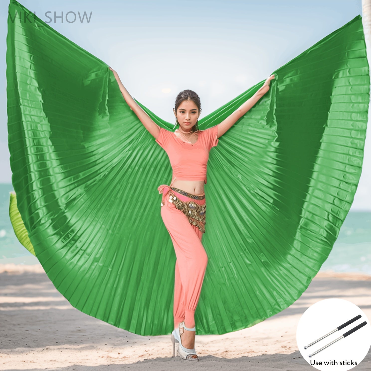 Golden Butterfly Wings Belly Dance Costume with 360° Cape Telescopic Sticks Fits 61-69 Inches
