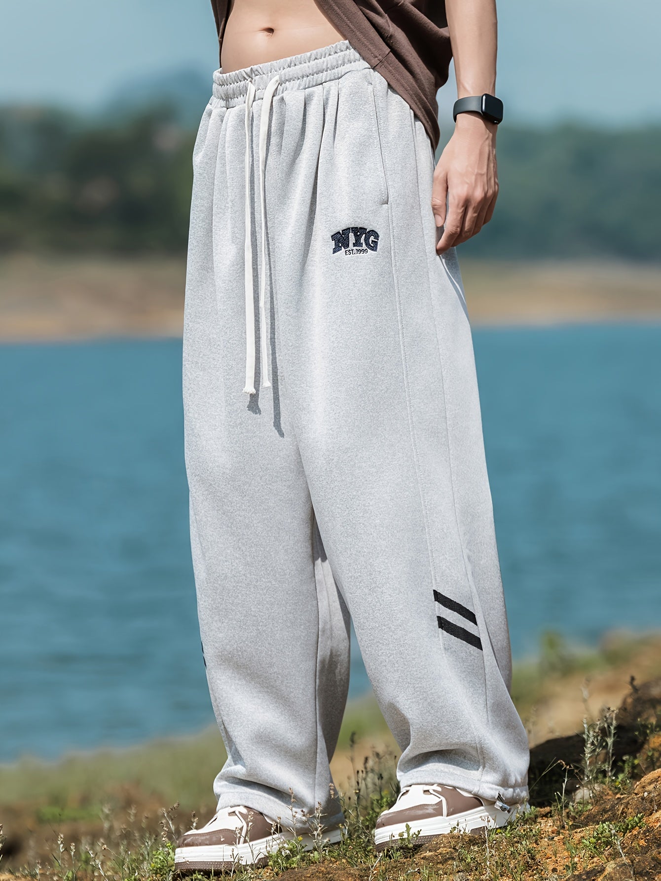 Мужские брюки большого размера в повседневном стиле с шнурком, эластичной тканью и геометрическим принтом