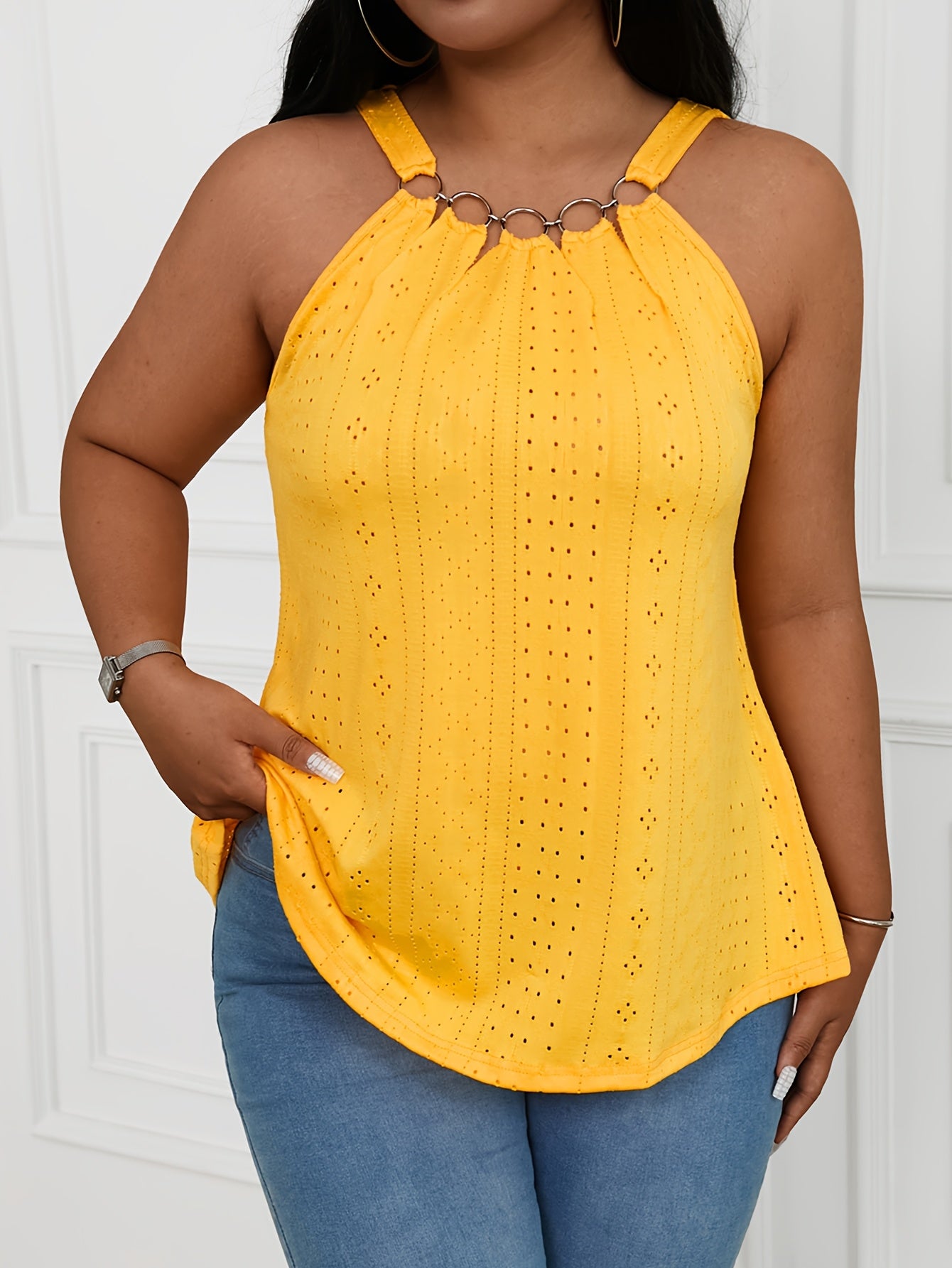 Plus Size Women's Embroidered Eyelet Tank Top Sleeveless Summer Clothing