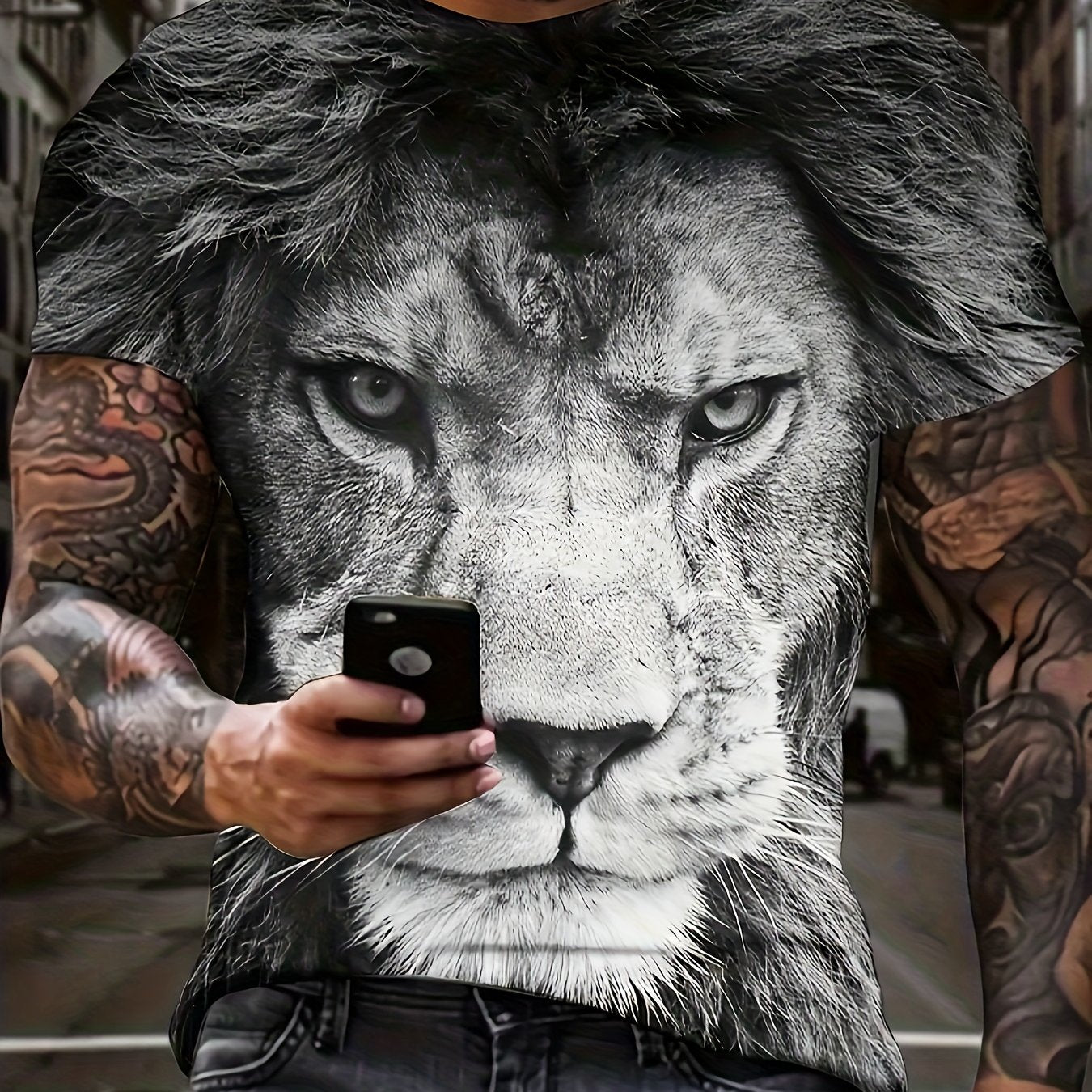 Camiseta de verano para hombre de talla grande con gráfico de león y manga corta casual