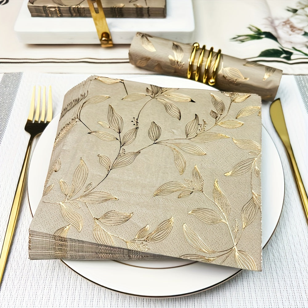 Pack of 60 Gold Leaf Pattern Square Paper Napkins 2-Ply Disposable 33cm