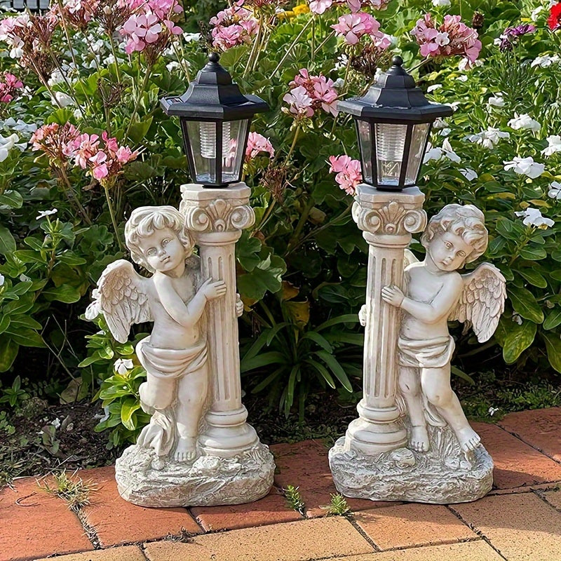 Outdoor Solar Angel Statue with Roman Column Design Garden Decor Street Lamp
